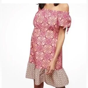 Motherhood Maternity Paisley Dress LARGEOff Shoulder Tie Sleeve Pink Knee Length